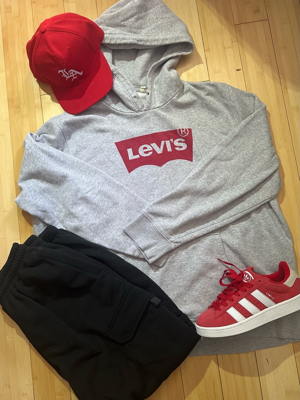 Levi's Gray Hoodie with Red Logo and cap red